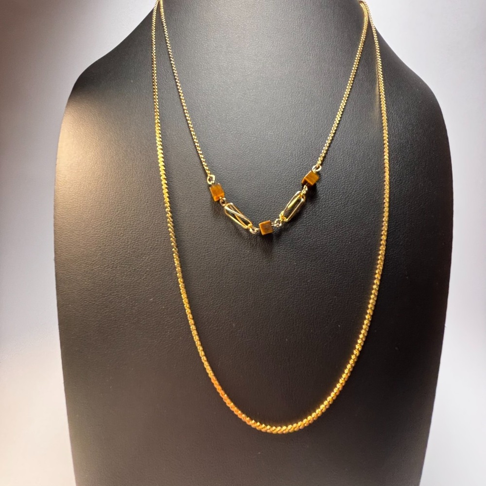 Gold Layered Necklace Amber Cube Bead Double Strand Curb Chain 24‎ Inch